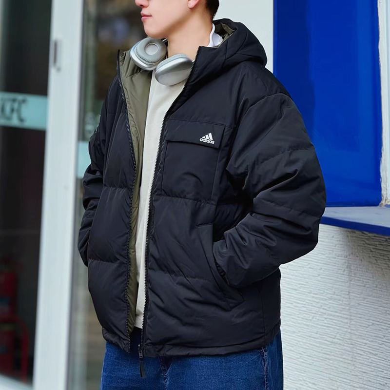 阿迪达斯连帽羽绒服男冬季新款两面穿保暖加厚面包服宽松美式外套