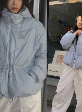阿迪达斯蓝色羽绒服女装冬季新款奶呼呼收腰加厚外套面包服JG5930