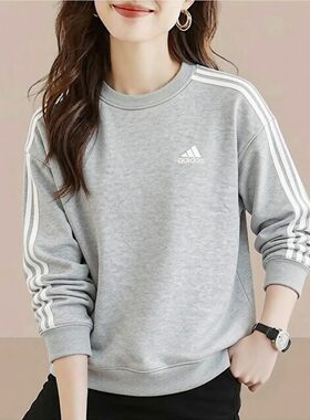 阿迪达斯套头卫衣女款新款女士宽松透气弹力灰色三条纹休闲上衣