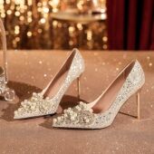 102亮片珍珠贴花细跟高跟鞋 婚鞋 6681 宴会礼服舒适感女鞋
