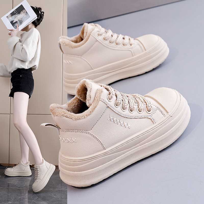 真皮厚底百搭休闲加绒高帮板鞋女2025冬季新款中学生冬鞋防滑棉鞋