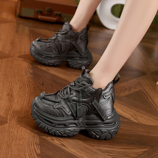 真皮加绒老爹鞋女冬天小个子厚底内增高女鞋松糕防滑冬鞋高帮鞋