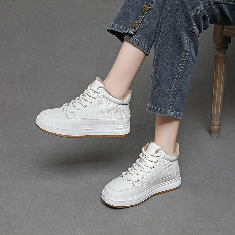 头层牛皮加绒高帮小白鞋秋冬新款保暖平底简约百搭休闲运动女板鞋,女鞋,棉鞋,淘宝优惠券,粉丝福利购,淘宝优惠卷