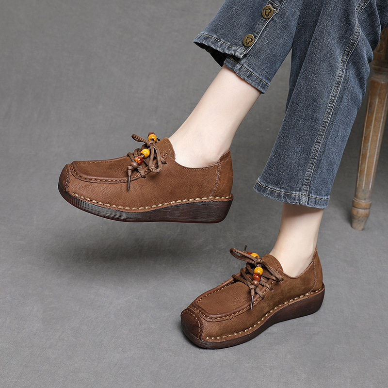 2025坡跟真皮女鞋软底豆豆鞋方头妈妈鞋系带休闲鞋舒适防滑单鞋,女鞋,时尚休闲鞋,淘宝优惠券,粉丝福利购,淘宝优惠卷