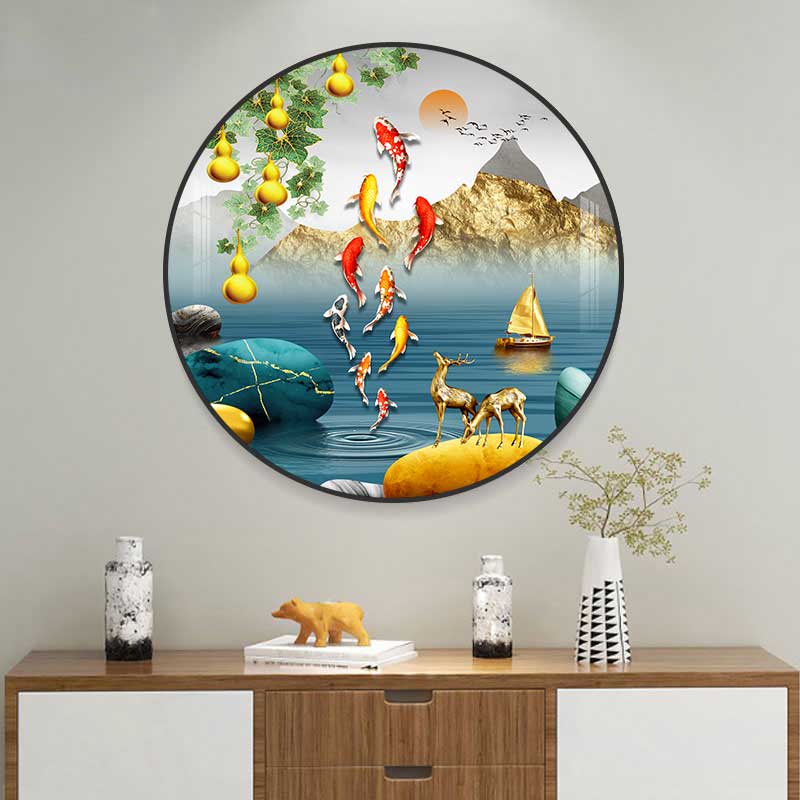 九鱼图圆形玄关装饰画北欧轻奢挂画餐厅走廊尽头银杏叶壁画客厅画图片