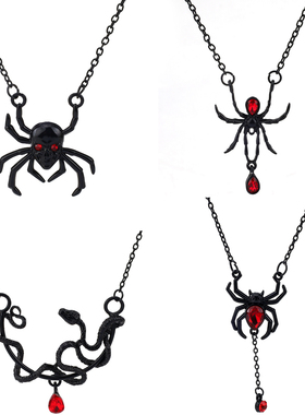 暗黑风红宝石骷髅蜘蛛项链毛衣链