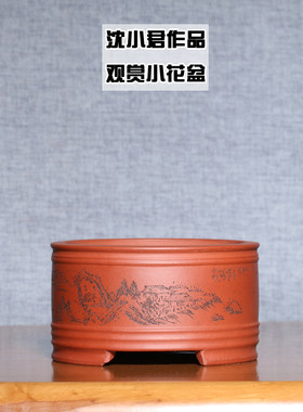 宜兴紫砂观赏微型花盆沈小君清水泥通转细刻小迷你盆景盆菖蒲绿植