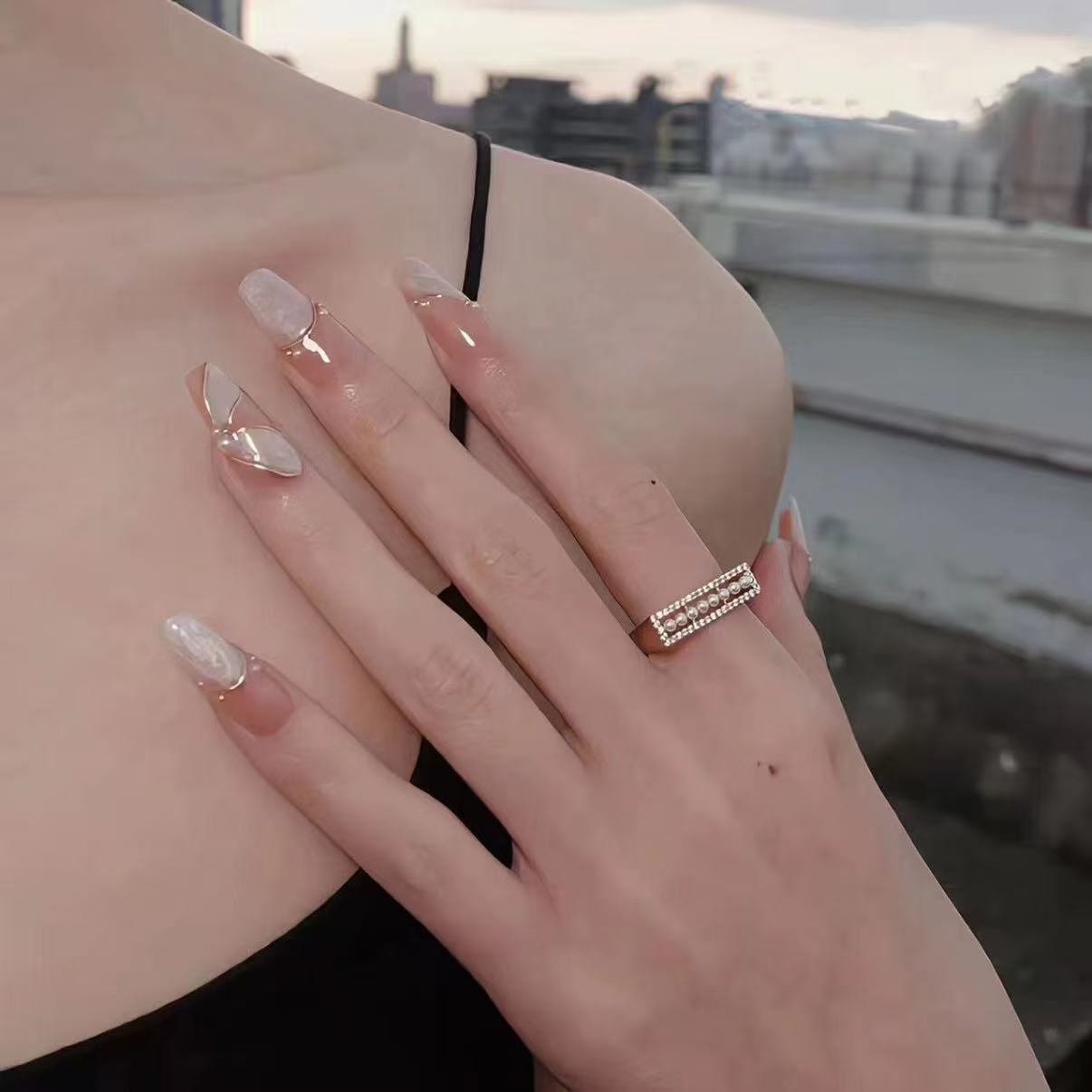 【丝滑飘带】纯手工设计法式染色金线珍珠设计穿戴甲