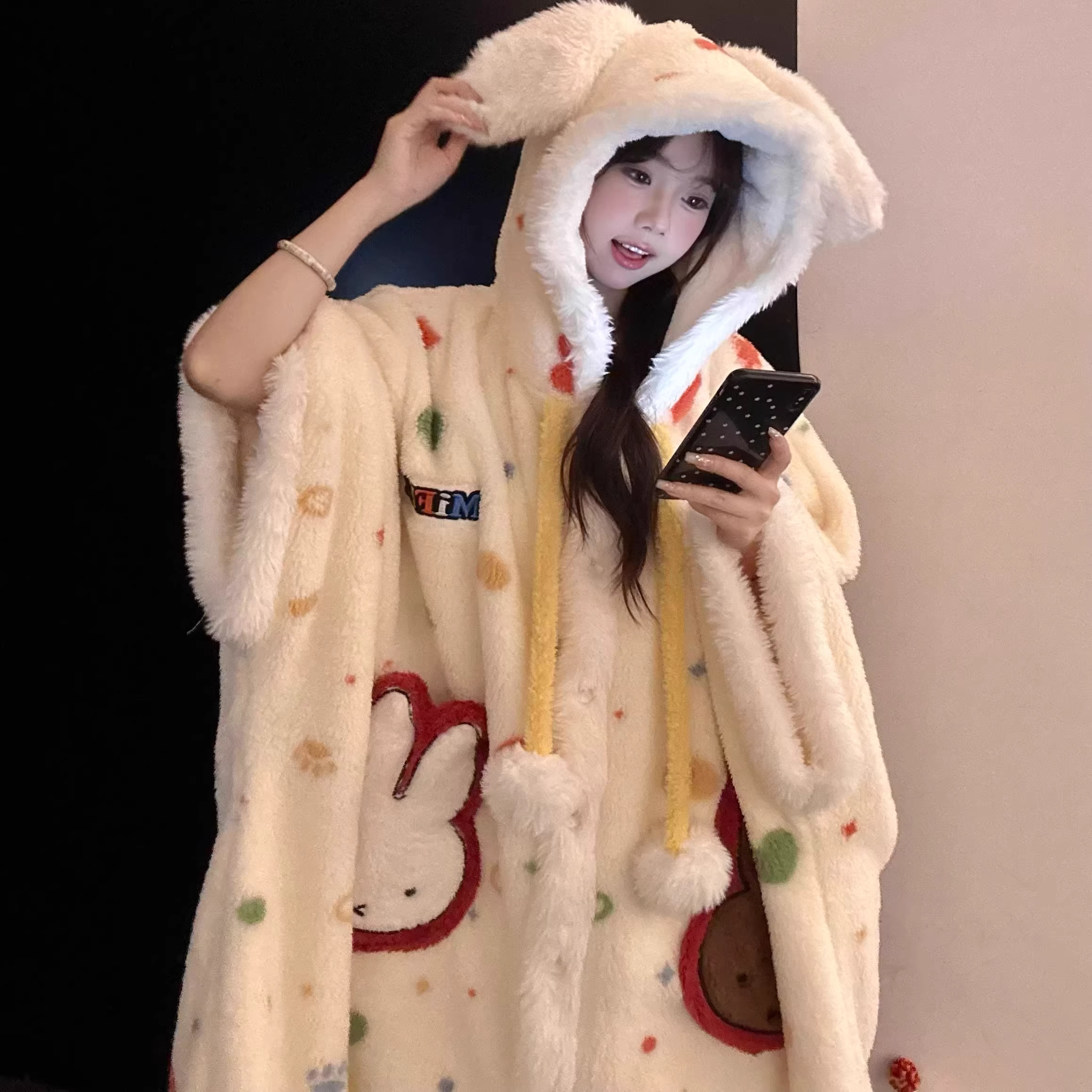 米菲兔睡衣女秋冬季天加绒加厚保暖睡袍毛茸茸可爱连帽长款家居服