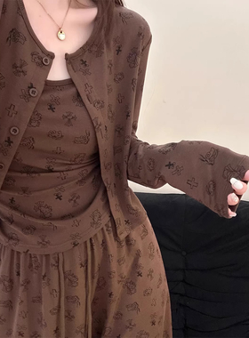 睡衣女春秋季莫代尔棉kt猫美拉德纯欲三件套带胸垫一体吊带家居服