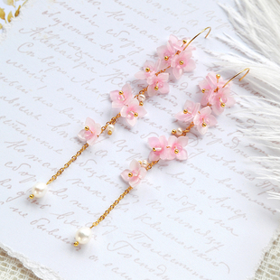 原创设计仿真紫阳花樱花珍珠古风汉服lolita裙流苏耳夹925银耳环