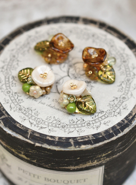 幽光森林 原创设计小众森系捷克珠绿色花朵日系米珠串珠耳钉耳夹