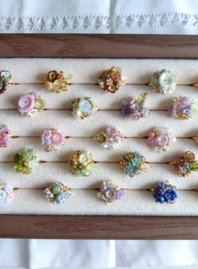 原创设计捷克珠米珠串珠戒指女小众油画感精致复古花朵高级轻奢