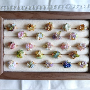 原创设计捷克珠米珠串珠戒指女小众油画感精致复古花朵高级轻奢