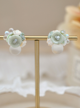 莹梦之森 原创设计捷克珠米珠清新透明绿色花朵日系串珠耳钉耳夹