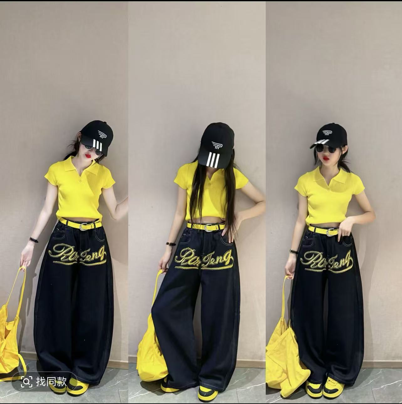 女童夏款冰丝针织牛仔阔腿裤套装图片