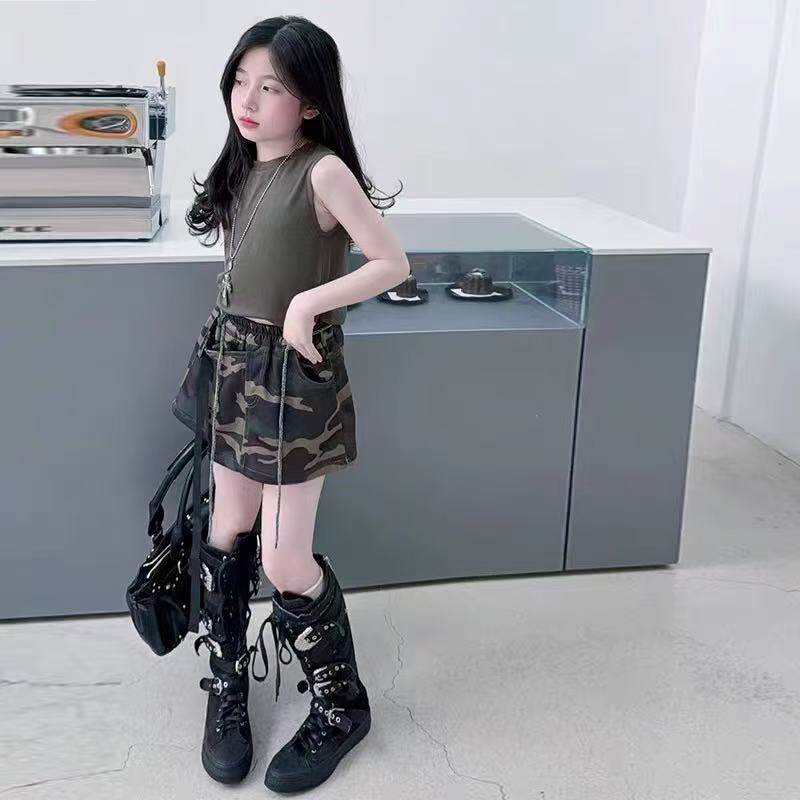 女童复古无袖工装套装儿童背心迷彩短裙裤中大童夏季休闲两件套潮