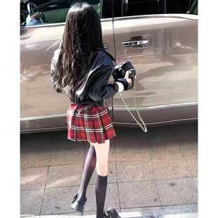 儿童洋气时髦短款 秋装 皮衣外套格子百褶裙两件套 2025新款 女童套装