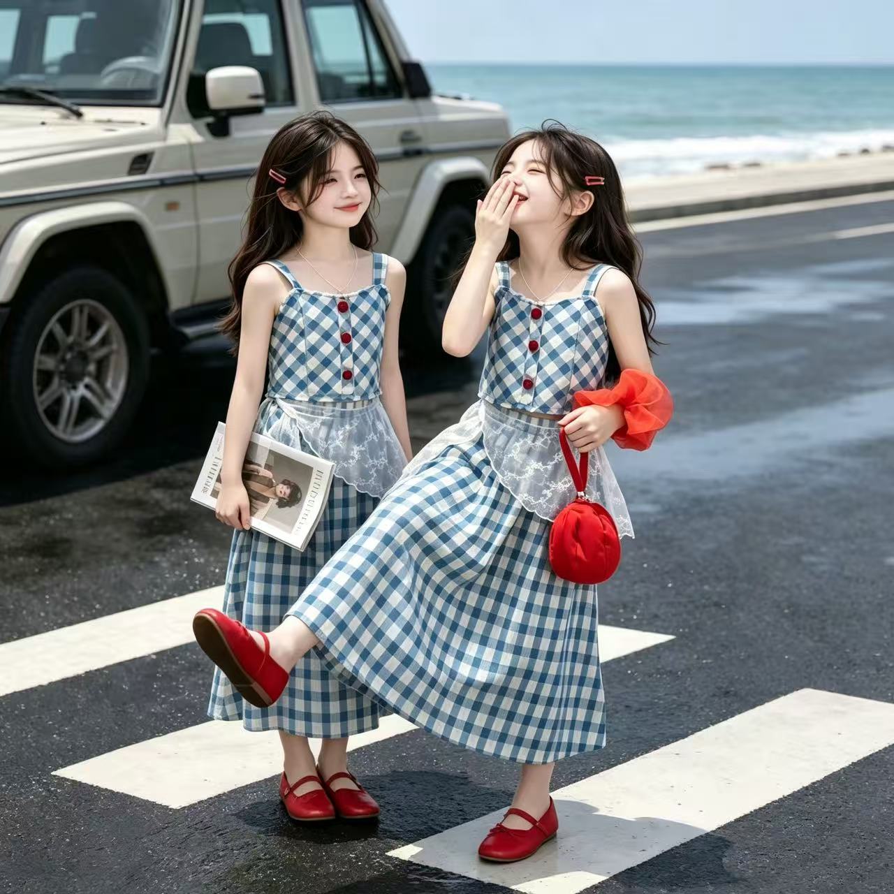 韩版格子吊带三件套女童2026新款夏季大童度假风蕾丝拼接套装裙