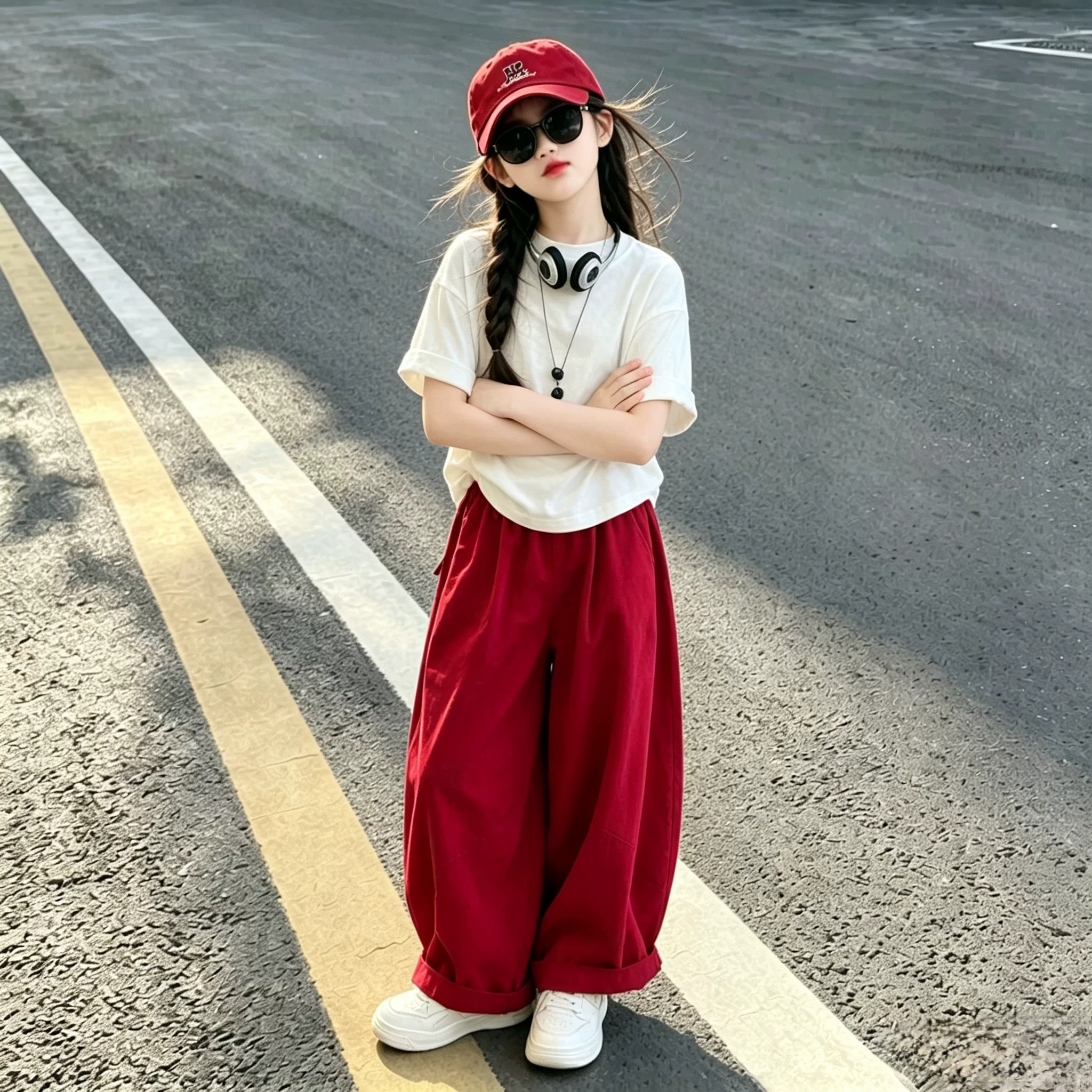 女童夏季休闲洋气棉布灯笼弯刀裤套装学生时尚百搭短袖T恤两件套