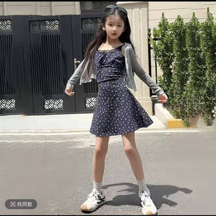 套装薄款长袖灰色开衫外套女童装夏季碎花吊带连衣裙短裙两件套
