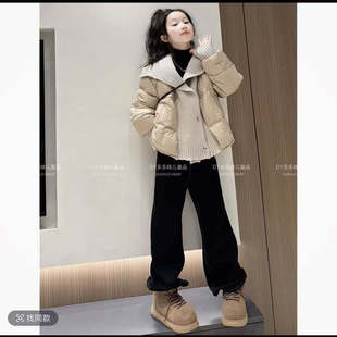女童冬季羽绒服短款面包服大童洋气针织拼接白鸭绒韩系外套冬装