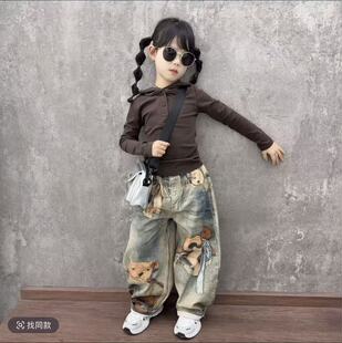 女童春秋新款套装儿童韩系卡通小熊牛仔裤长袖连帽打底衫两件套潮