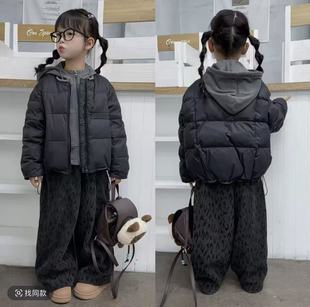 女童秋冬新款韩系高级感圆领短款羽绒服时尚豹纹裤打底三件套