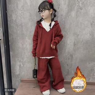 女童冬季新款新年红色连帽套装慵懒风毛衣针织打底衫大童洋气年服