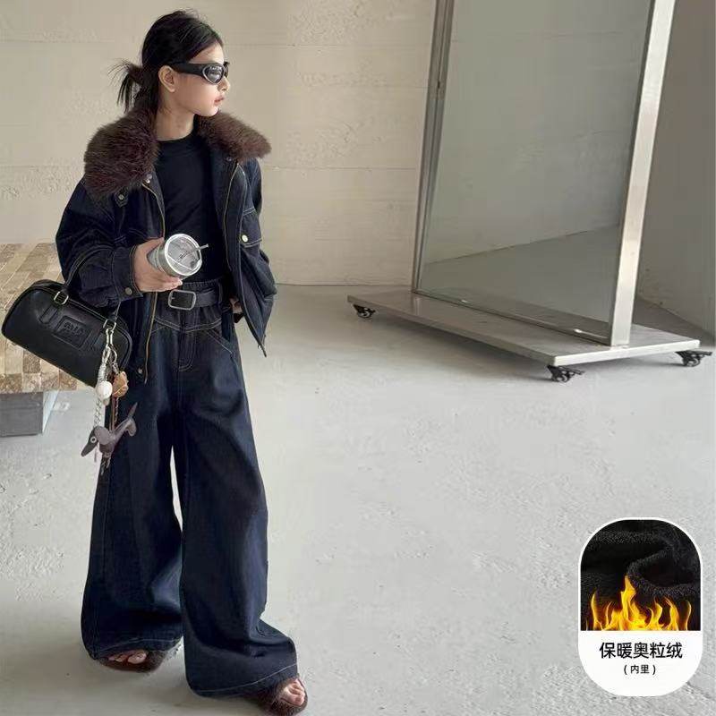 女童韩版慵懒风牛仔套装秋冬季2025新款中大童加绒加厚外套阔腿裤