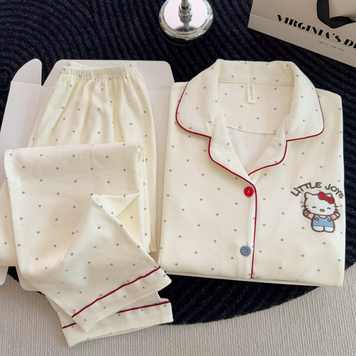 德绒睡衣新款女款两件套春秋冬德绒加绒套装加厚家居服波点KT猫