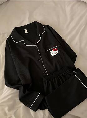 云朵棉睡衣女两件套春秋季薄款黑色KT猫长袖长裤学生少女家居服装
