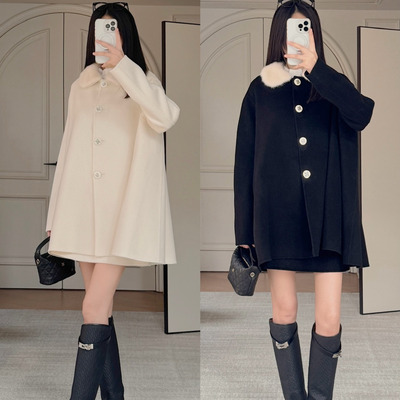 现货赵露思同款！Z雅 25冬新~白色水貂毛拼接 斗篷双面呢大衣外套