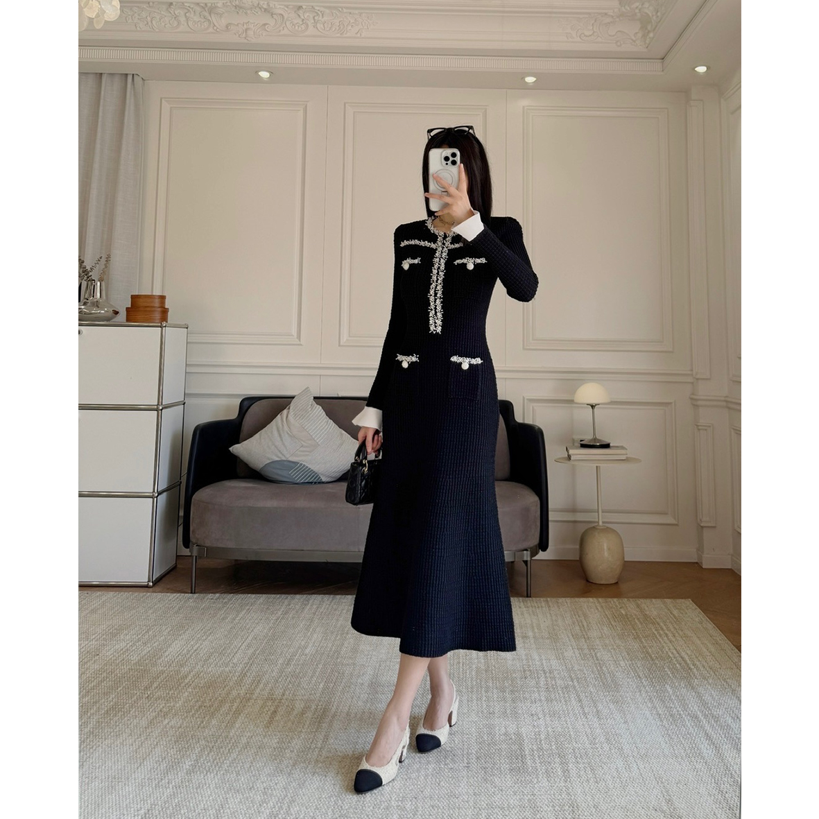 现货！气质名媛！25早春~重工钉珠针织连衣裙中长款鱼尾裙