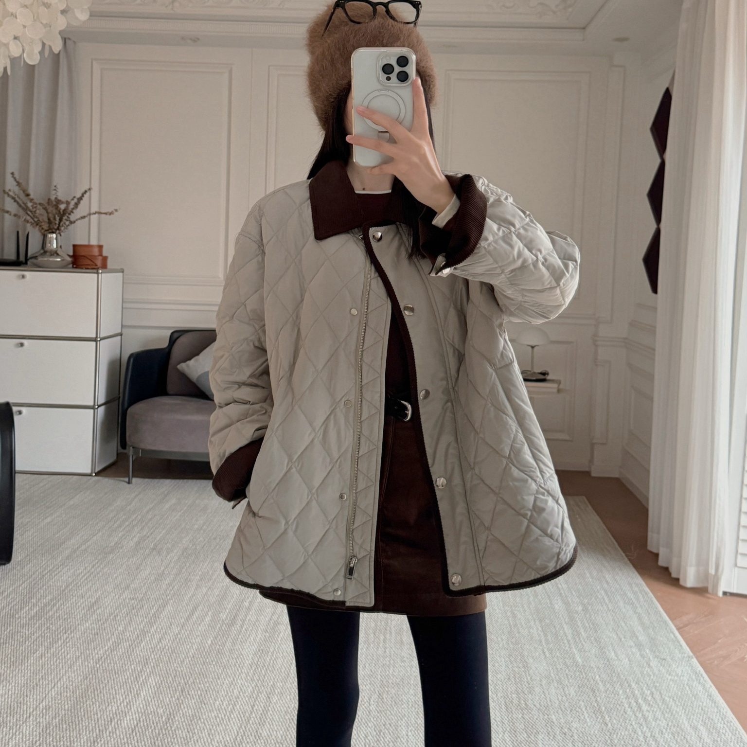 清爽复古文艺！90鸭绒 灯芯绒撞色拼接 菱格绗缝羽绒服