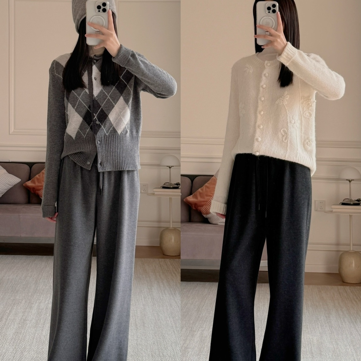 加厚款！ROW风~羊毛/桑蚕丝~一片式松紧腰直筒阔腿裤