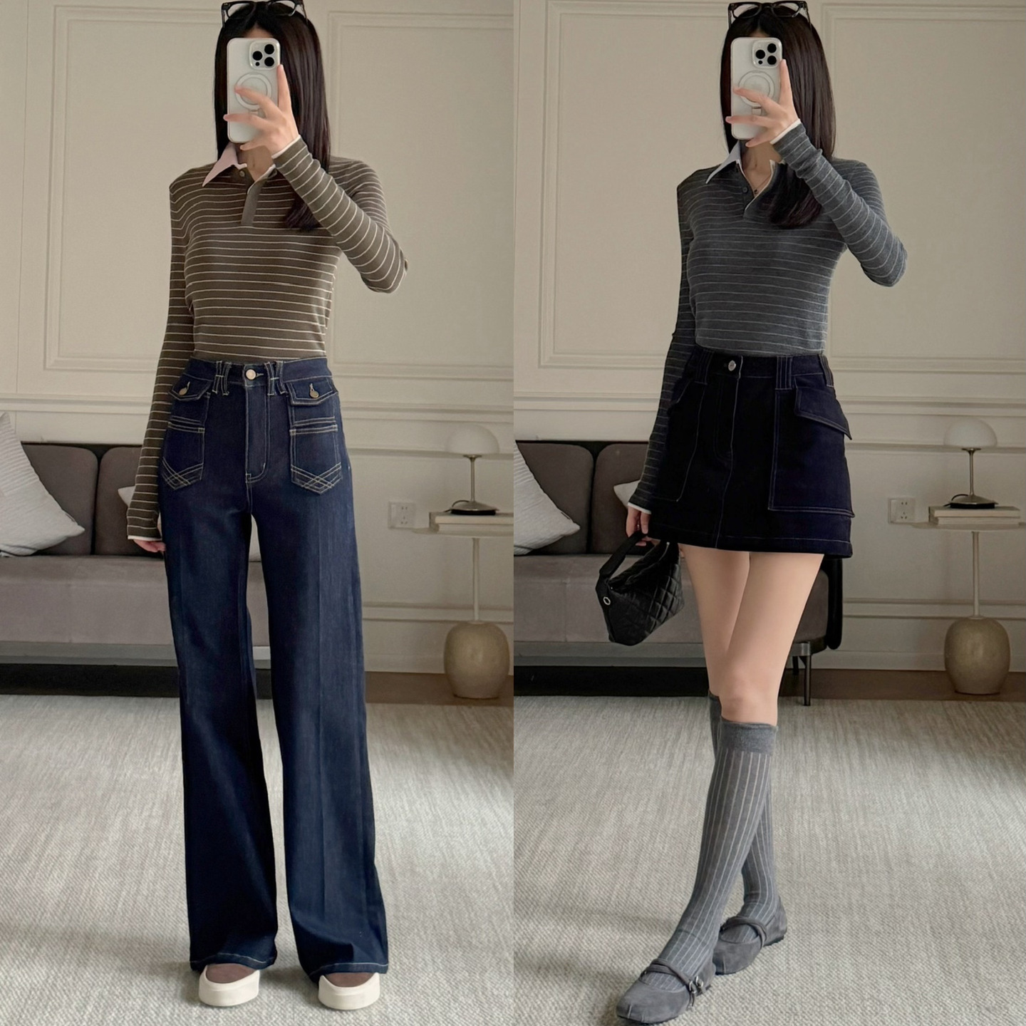 学院风假两件！可拆卸衬衫POLO领+亨利领长袖条纹羊毛针织衫