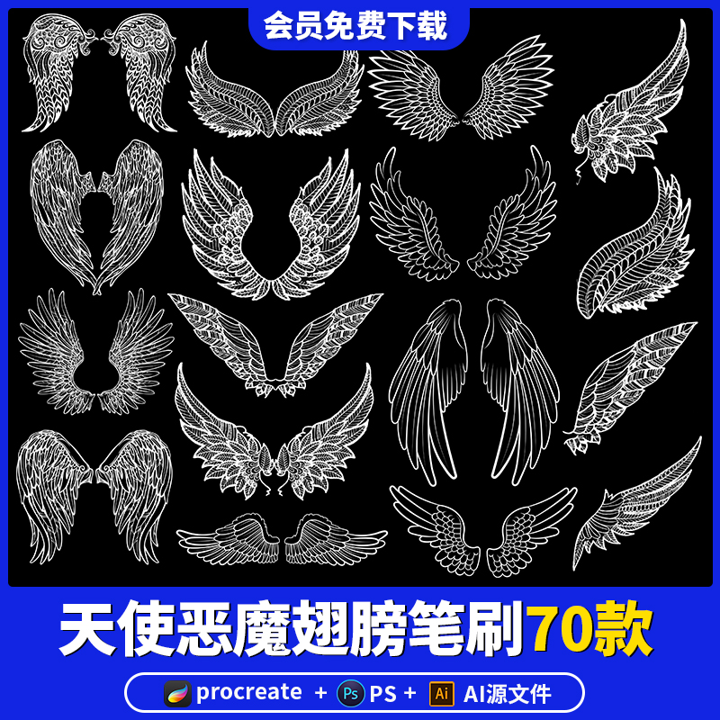 翅膀素材procreate笔刷ps天使恶魔梦幻精灵仙子线稿ai矢量图装饰