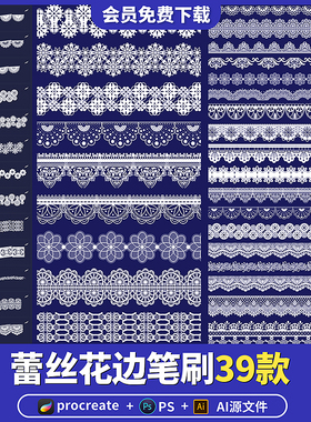 procreate笔刷蕾丝镂空花边服装花纹布料ps设计ai矢量图手绘素材