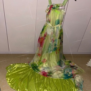 男女丝巾丝滑吊带木耳边花边长裙荷叶花边木耳边吊带丝巾印花长裙