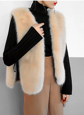 2017新款皮草马甲仿狐狸毛上衣韩版整水貂皮毛毛背心系带开叉女装