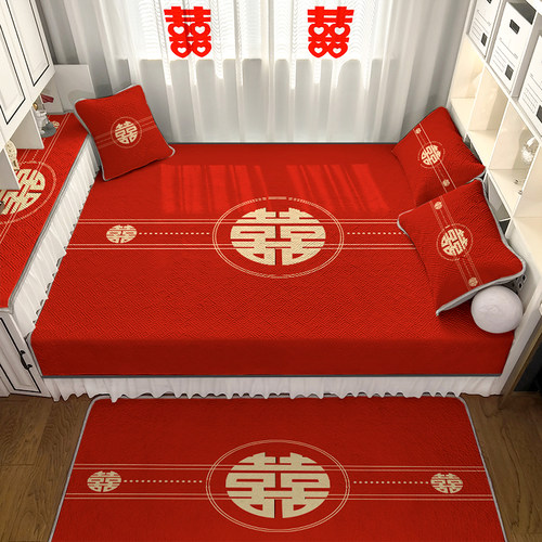 结婚榻榻米床单大炕垫四季通用定制防滑床盖红双喜婚庆红色女嫁妆