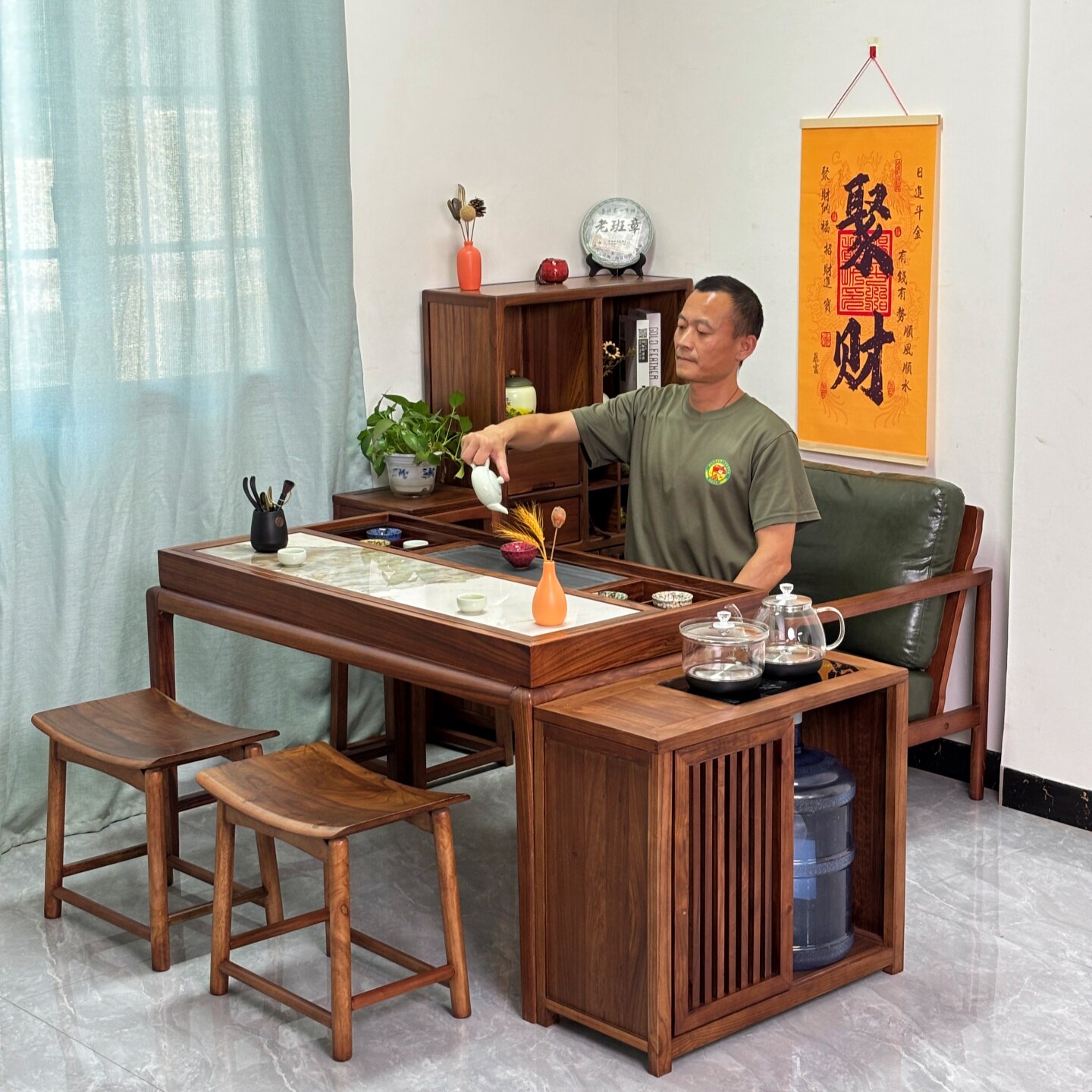 乌金木推拉茶桌新中式茶台
