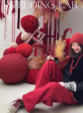 红色毛线球打卡美陈装置摆饰装饰婚礼艺术装饰橱窗陈列商业美陈