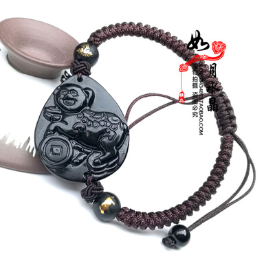 黑曜石喜吉猪献祥瑞手编手链男女