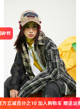 InstGuys美式复古格子拼接衬衫女初秋长袖原创设计拼色宽松衬衣