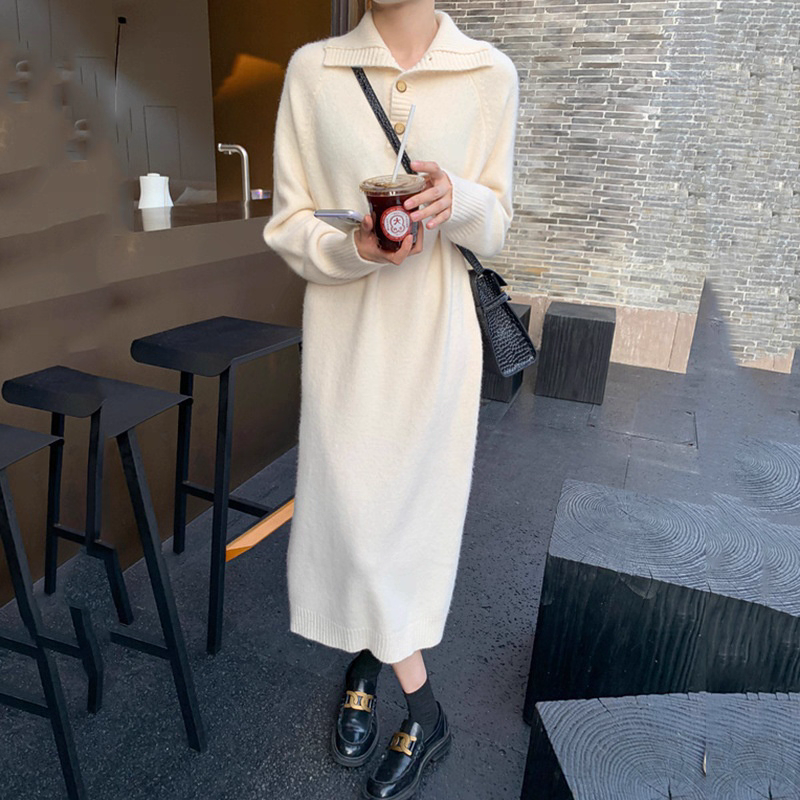 韩版新款女式毛衣时尚针织连衣裙纽扣翻领宽松长款内搭套头毛衣
