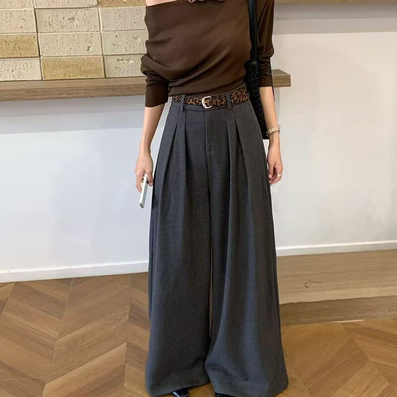 秋冬款高腰毛呢西装裤韩版休闲保暖长裤加厚垂感阔腿裤女