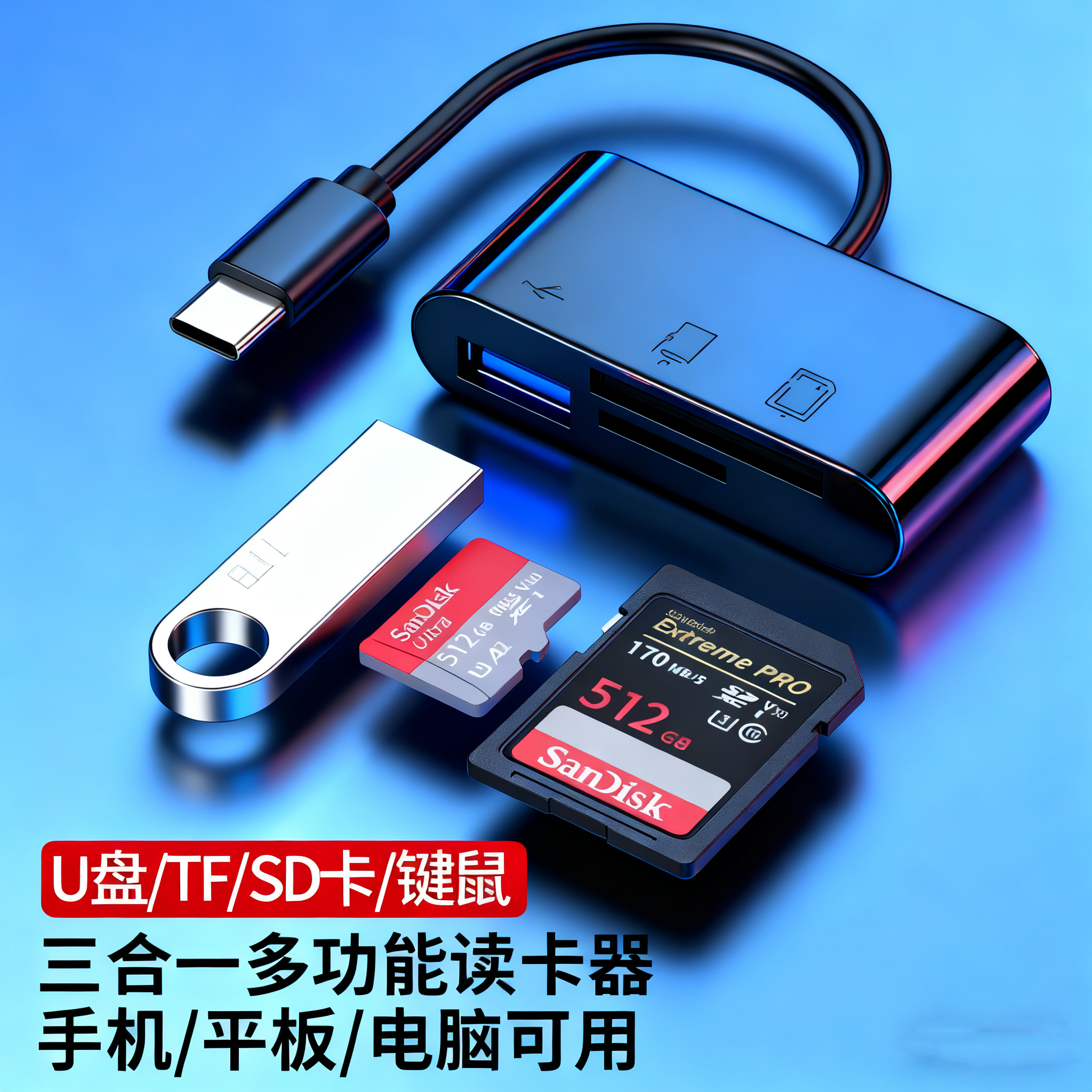 typec读卡器三合一转USB/SD/TF高速传输相机手机内存卡U盘转换器