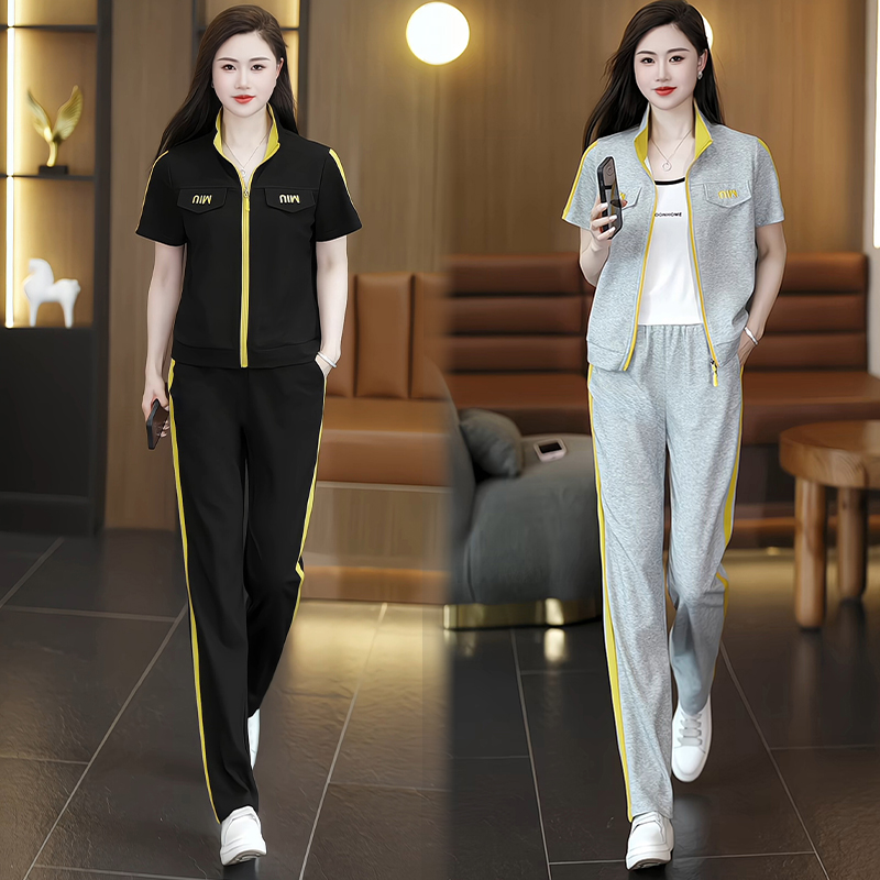 时尚套装女2025夏季新款洋气显瘦短袖翻领卫衣阔腿裤休闲两件套潮